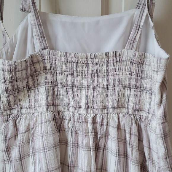 HOLLISTER PLAID COTTON SHEATH DRESS WHITE LAVENDAR ADJUSTABLE TIES SUMMER - Picture 6 of 11